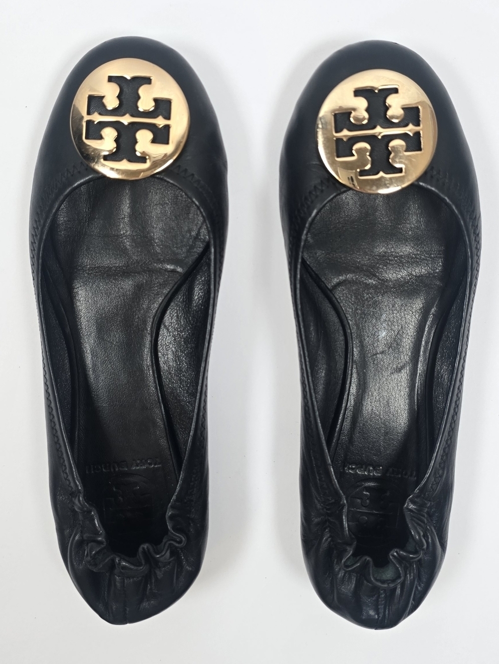 Tory Burch Reva Ballet Flats Black Leather Gold Logo Slip On Size 7